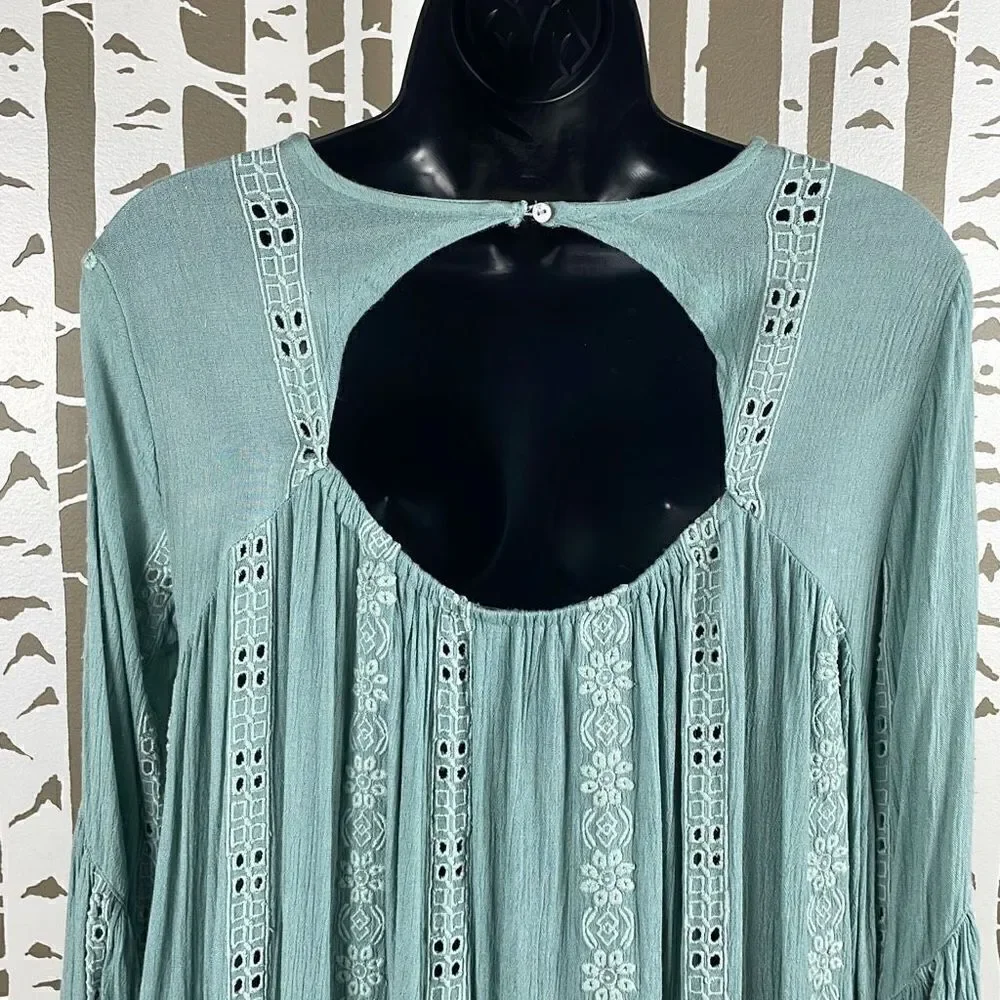 Free People Sage Green Gauze Eyelet Boho Top XS